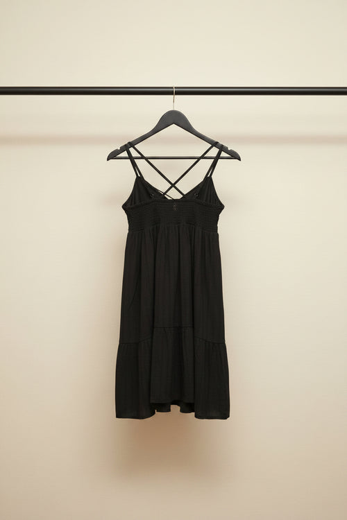 Black Textured Tiered Mini Dress with Criss-Cross Back