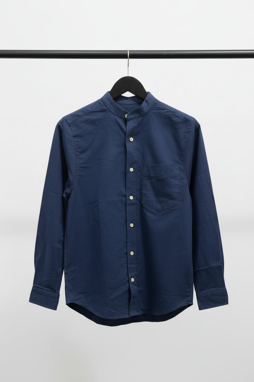 Men's Navy Blue Mandarin Collar Long Sleeve Shirt