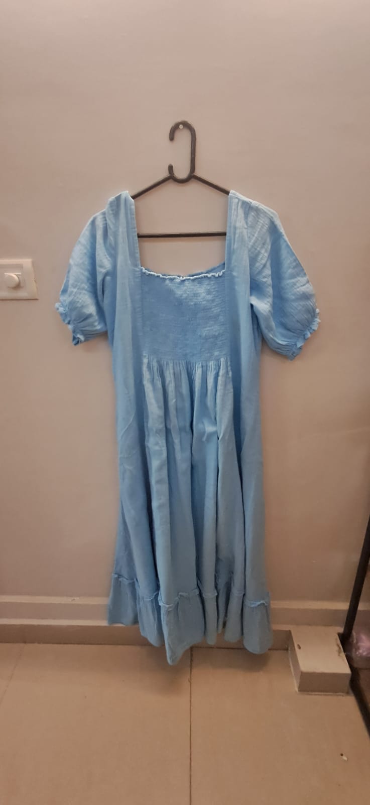 Alankriti By Tanu Women's Sky Blue Square Neck Smocked Midi Dress