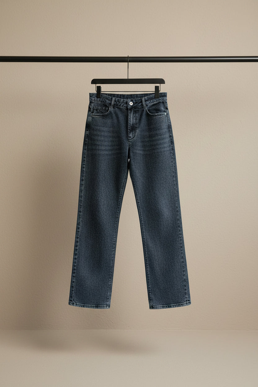 A pair of dark gray washed denim jeans hanging from a wooden hanger against a white fabric backdrop.