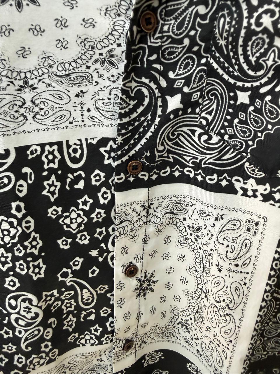 Dark Threads Men's Black & White Paisley Patchwork Short Sleeve Shirt