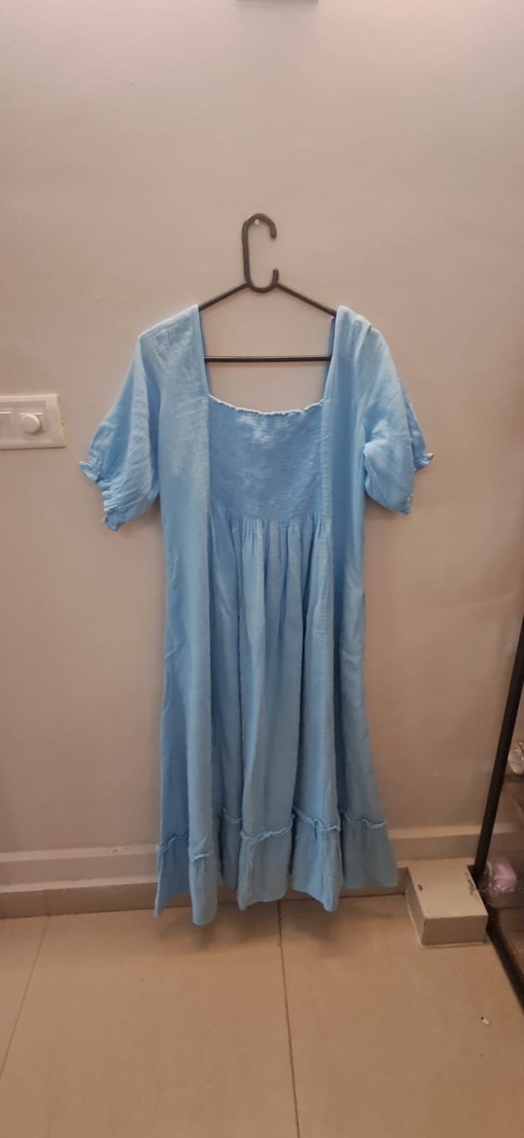 Alankriti By Tanu Women's Sky Blue Square Neck Smocked Midi Dress