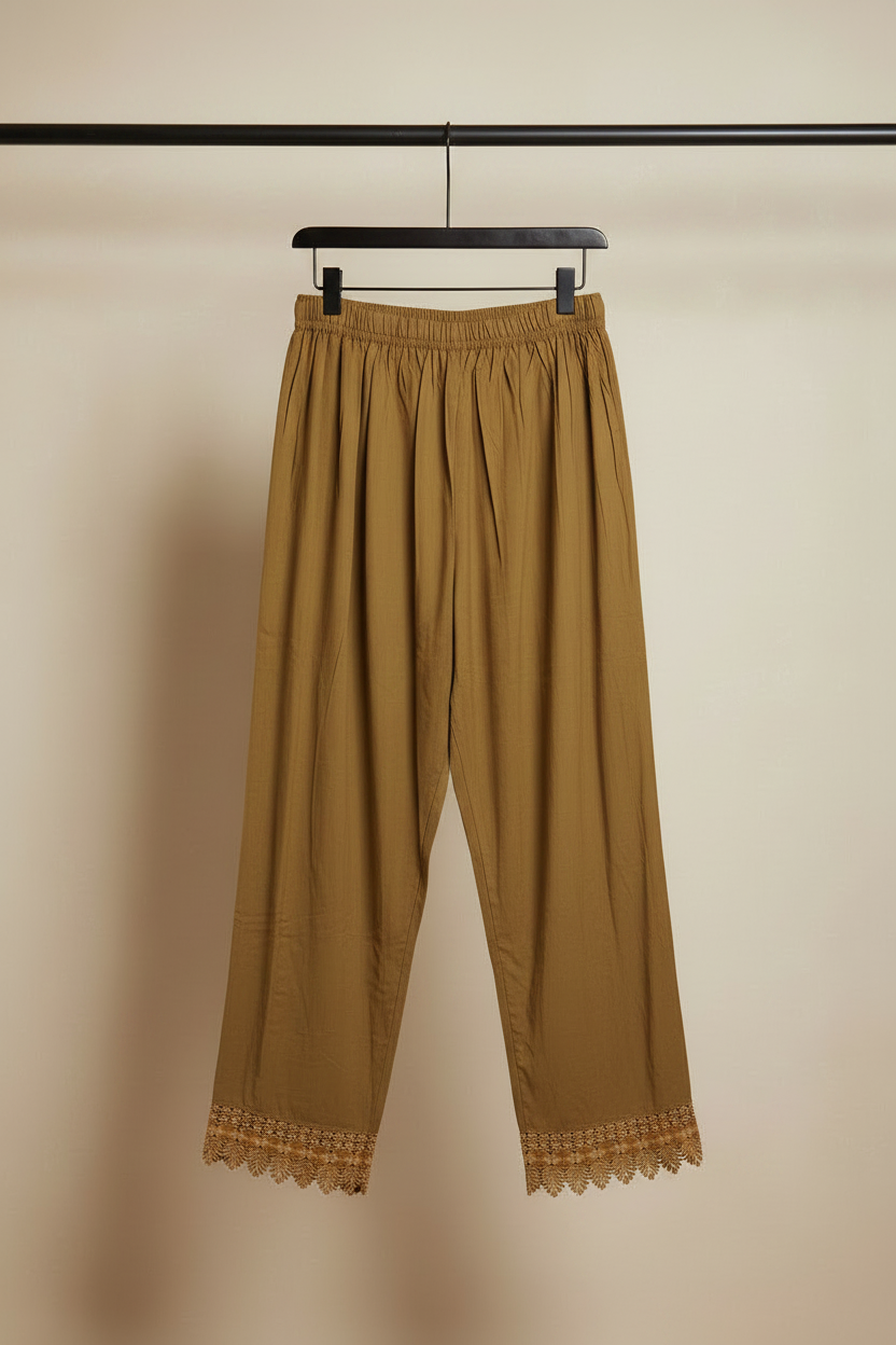 Women's Brown Elastic Waist Palazzo Pants with Lace Hem