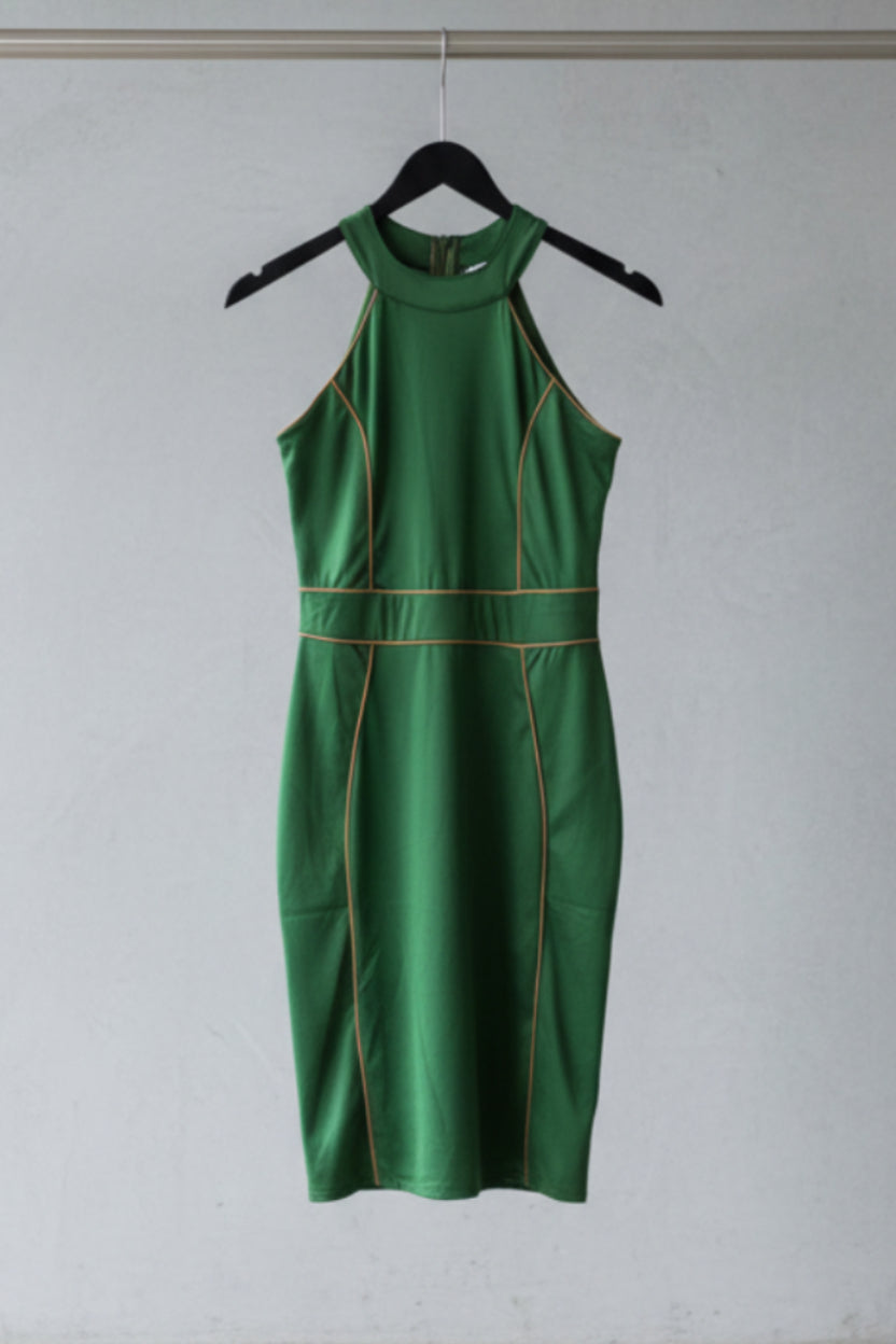Green Halterneck Bodycon Long Dress with Contrast Piping