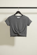 Grey Ribbed Knit Short Sleeve Knot Front Top