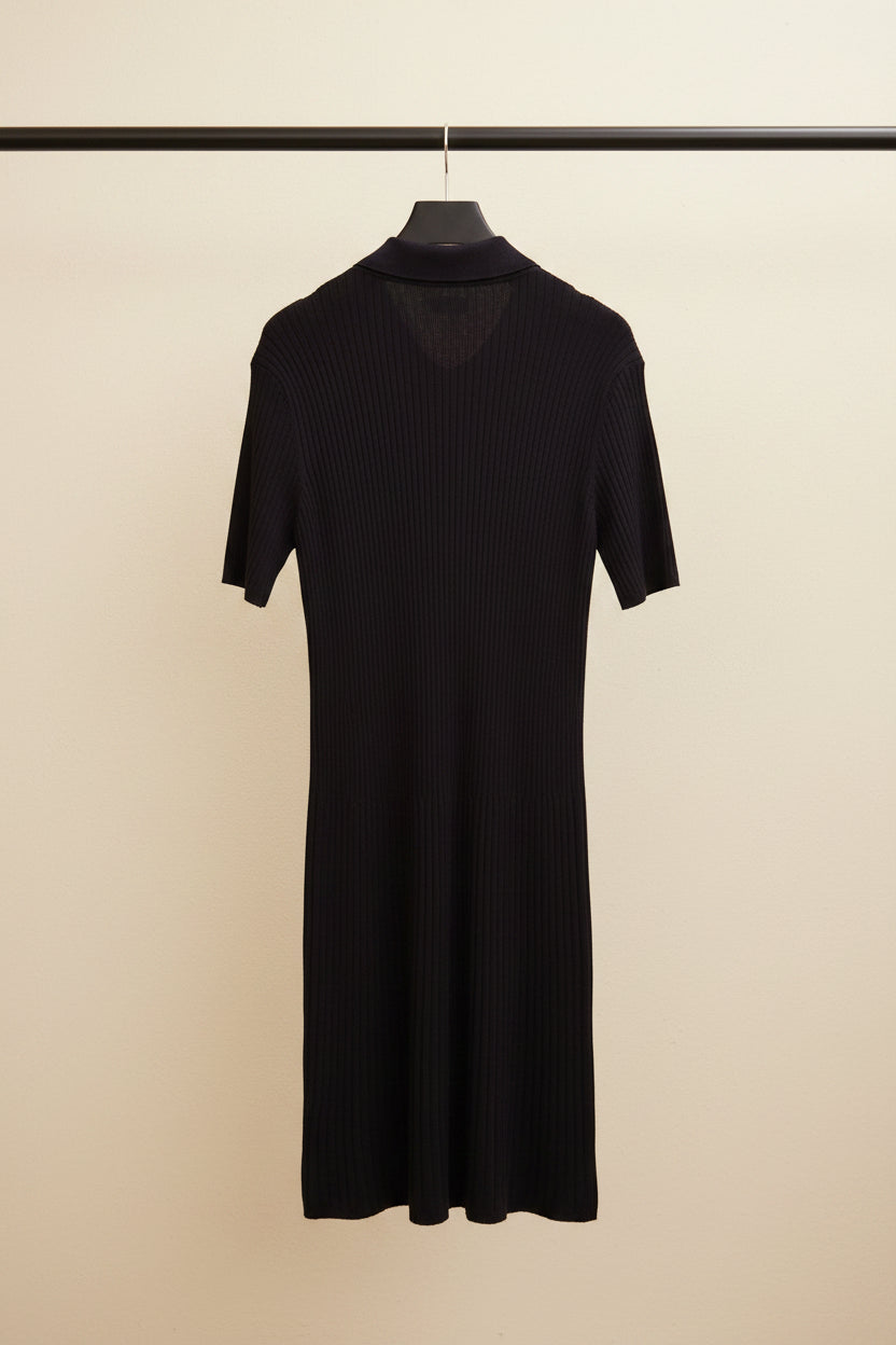 Women's Dark Brown Ribbed Knit Polo Collar Short Sleeve Bodycon Mini Dress