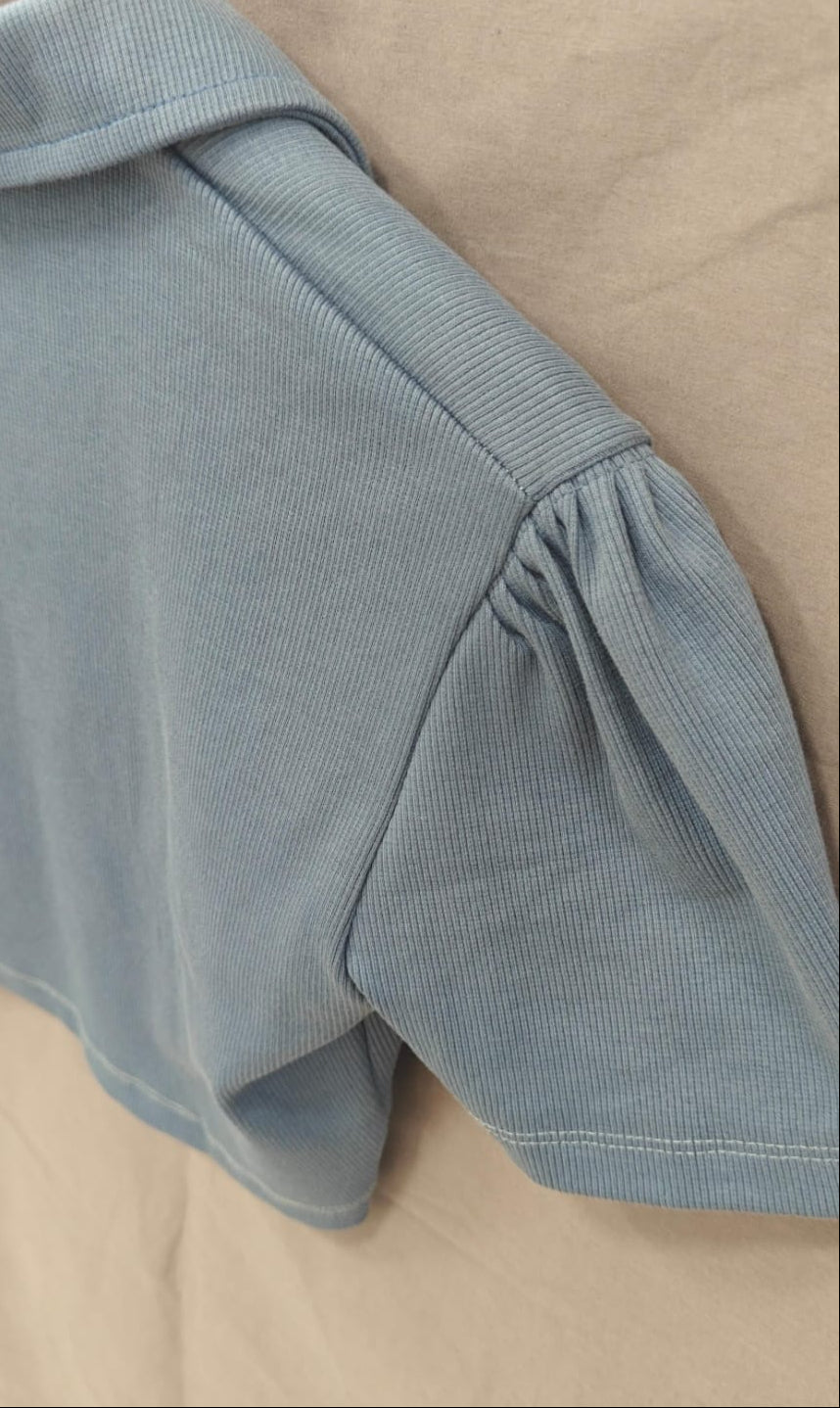 ATTIR HUB Women's Sky Blue Ribbed Collared Crop Top