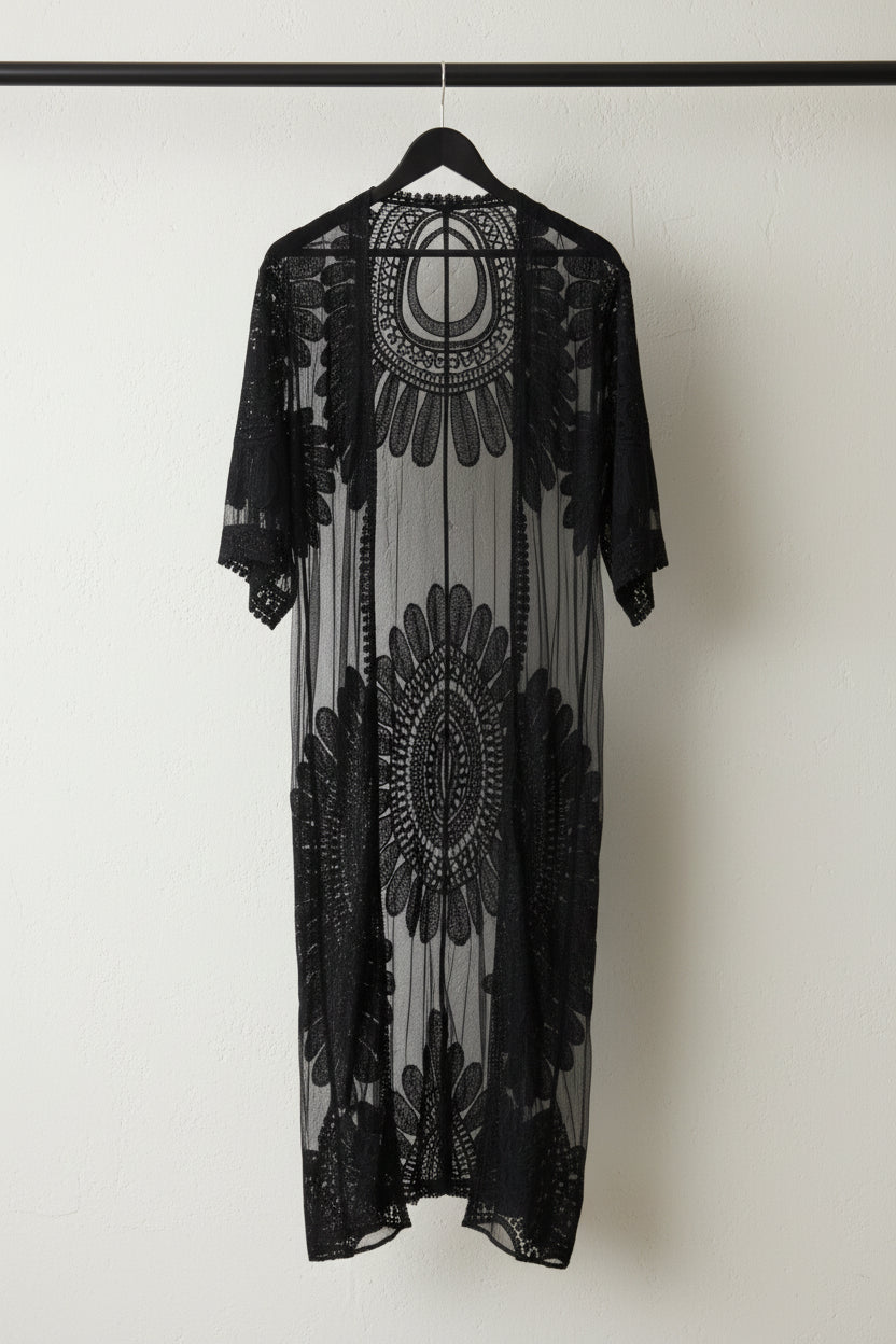 Black Lace Crochet Kimono Cardigan Cover-Up