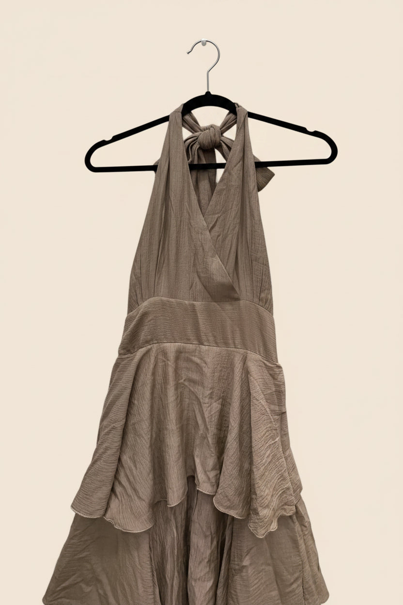 Brown Tiered Halter Neck Maxi Dress