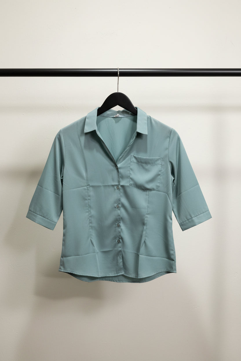 Western Adda Women's Teal Collared 3/4 Sleeve Button-Front Shirt