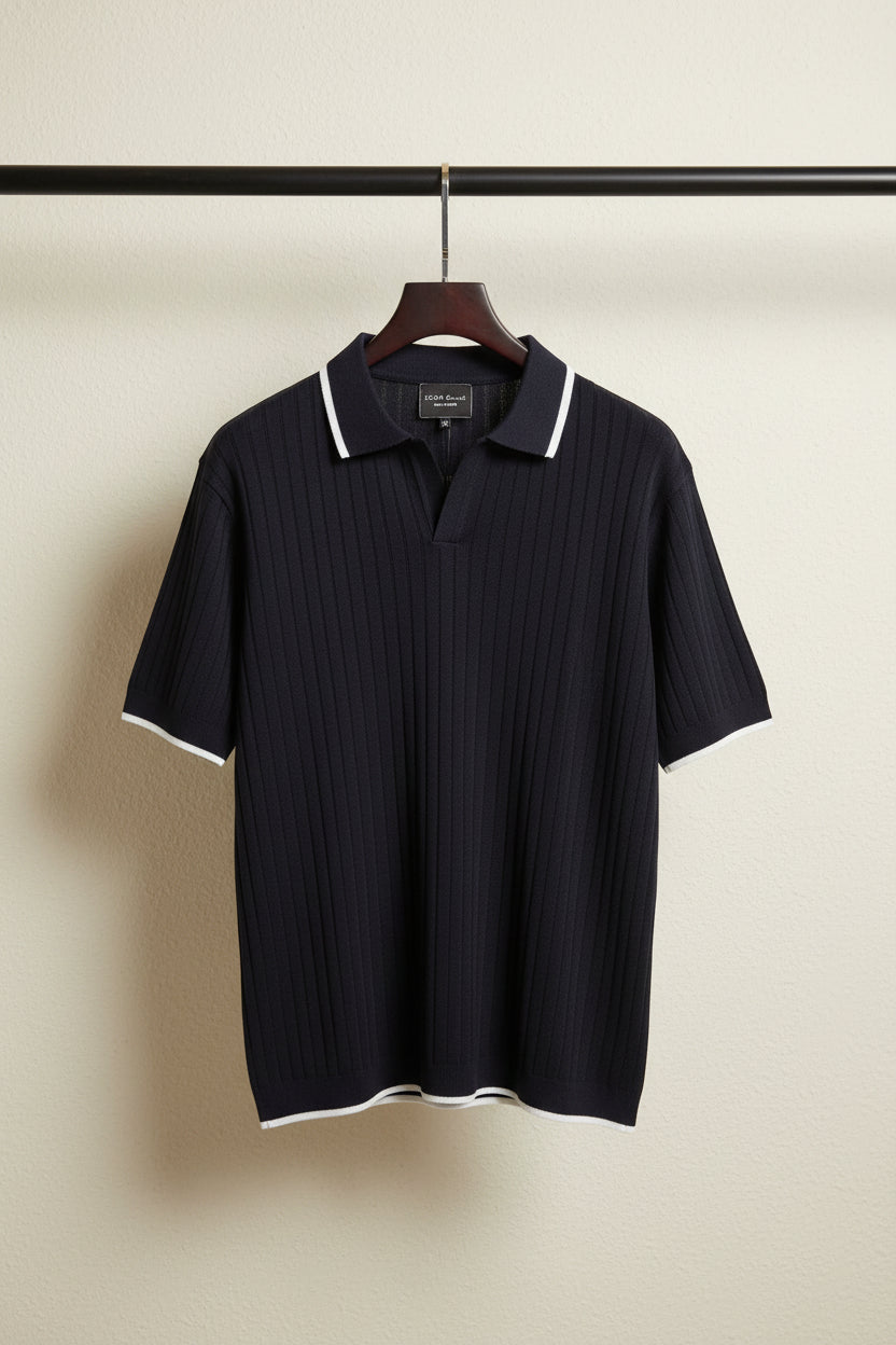ZERA CLUB Men's Black Ribbed Knit Polo T-Shirt