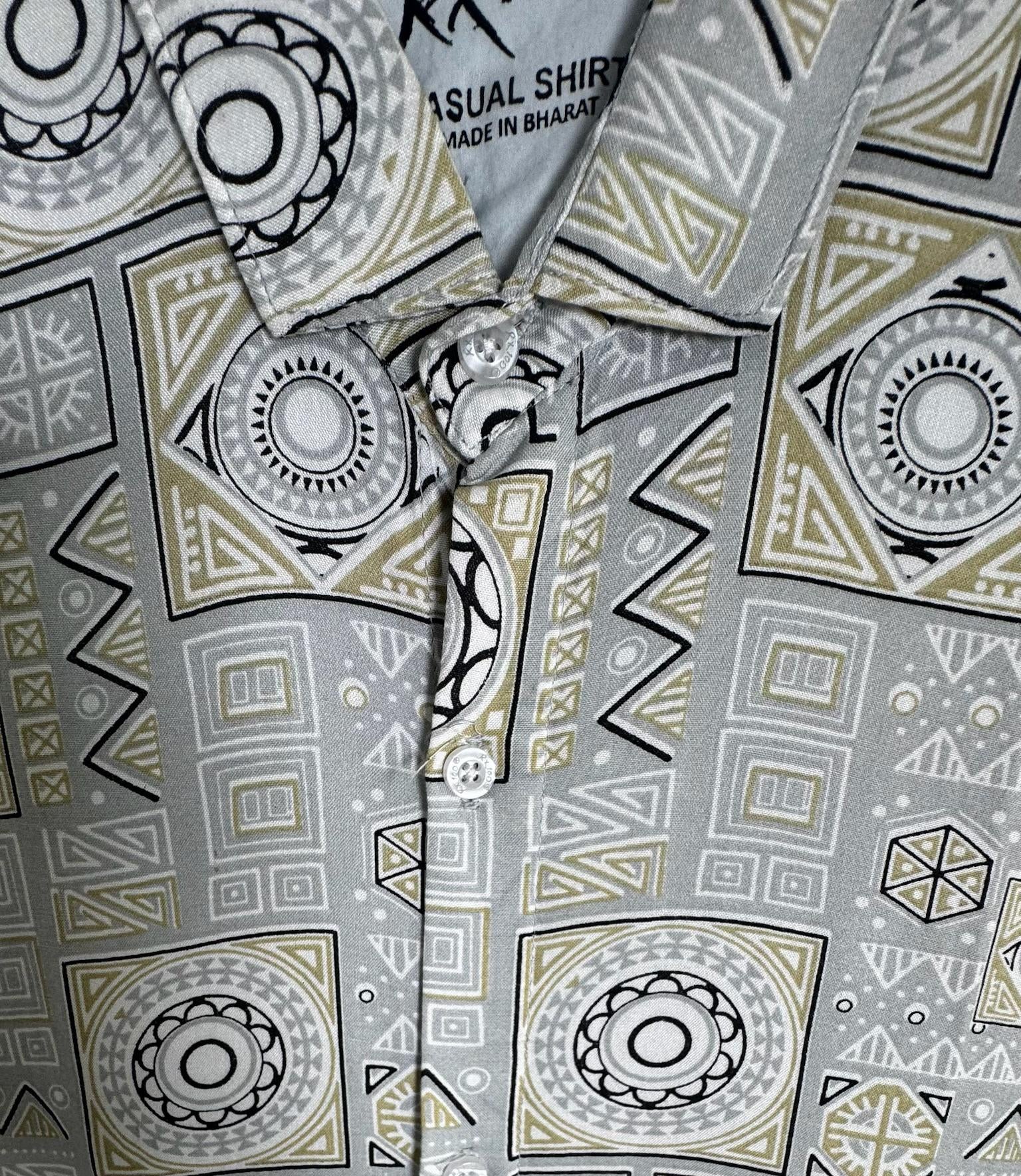 RX100 Men's Grey Geometric Print Casual Shirt