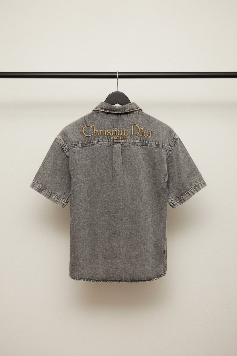 Men's I DOZ PLUS Grey Washed Denim Short Sleeve Shirt with Christian Dior Embroidery