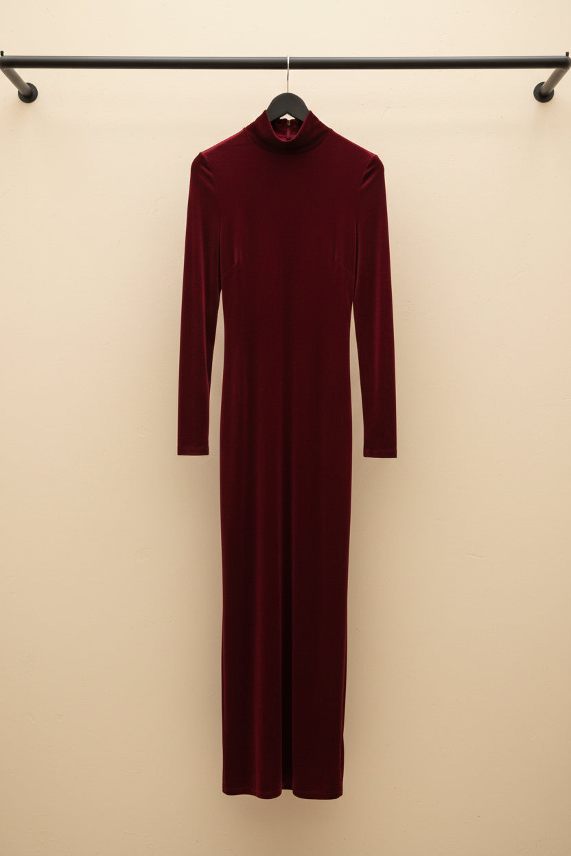 Red Velvet Ruched High-Neck Midi Dress