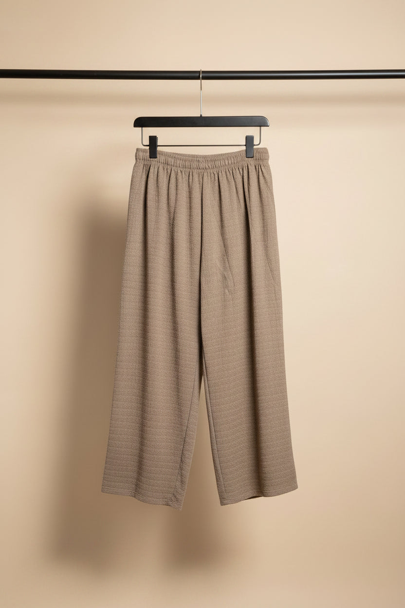 Women's Khaki Textured Elastic Waist Relaxed Fit Pants