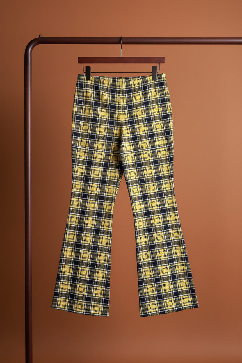 DIVIDED Women's Yellow Plaid Flared Trousers with Side Slits