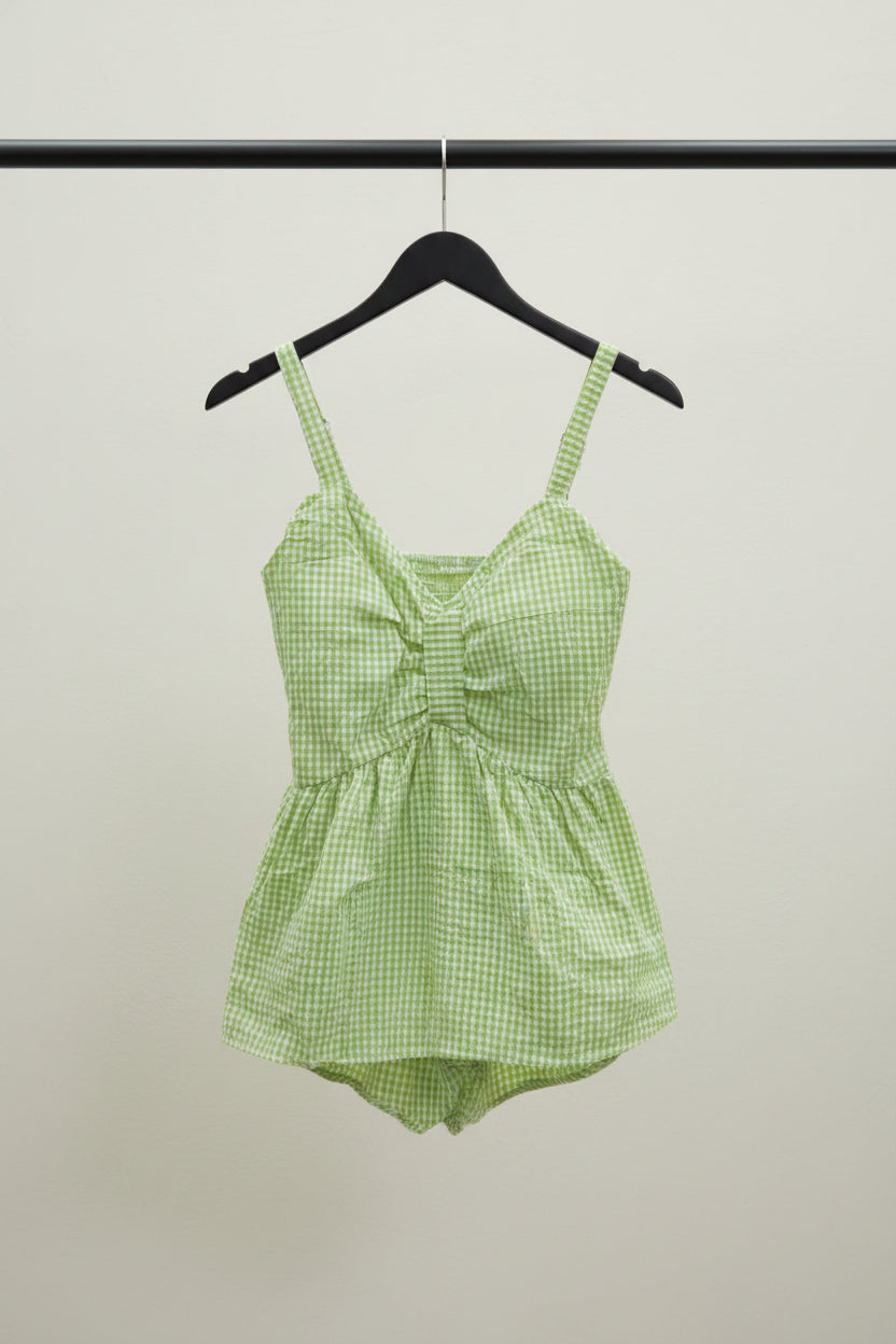 Women's Green Gingham Smocked Peplum Cami Top