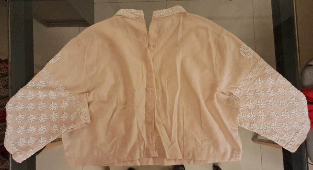 Women's Peach Embroidered Cotton Loose Fit Top