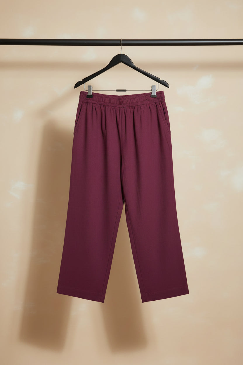 Women's Maroon Elastic Waist Straight Leg Trousers