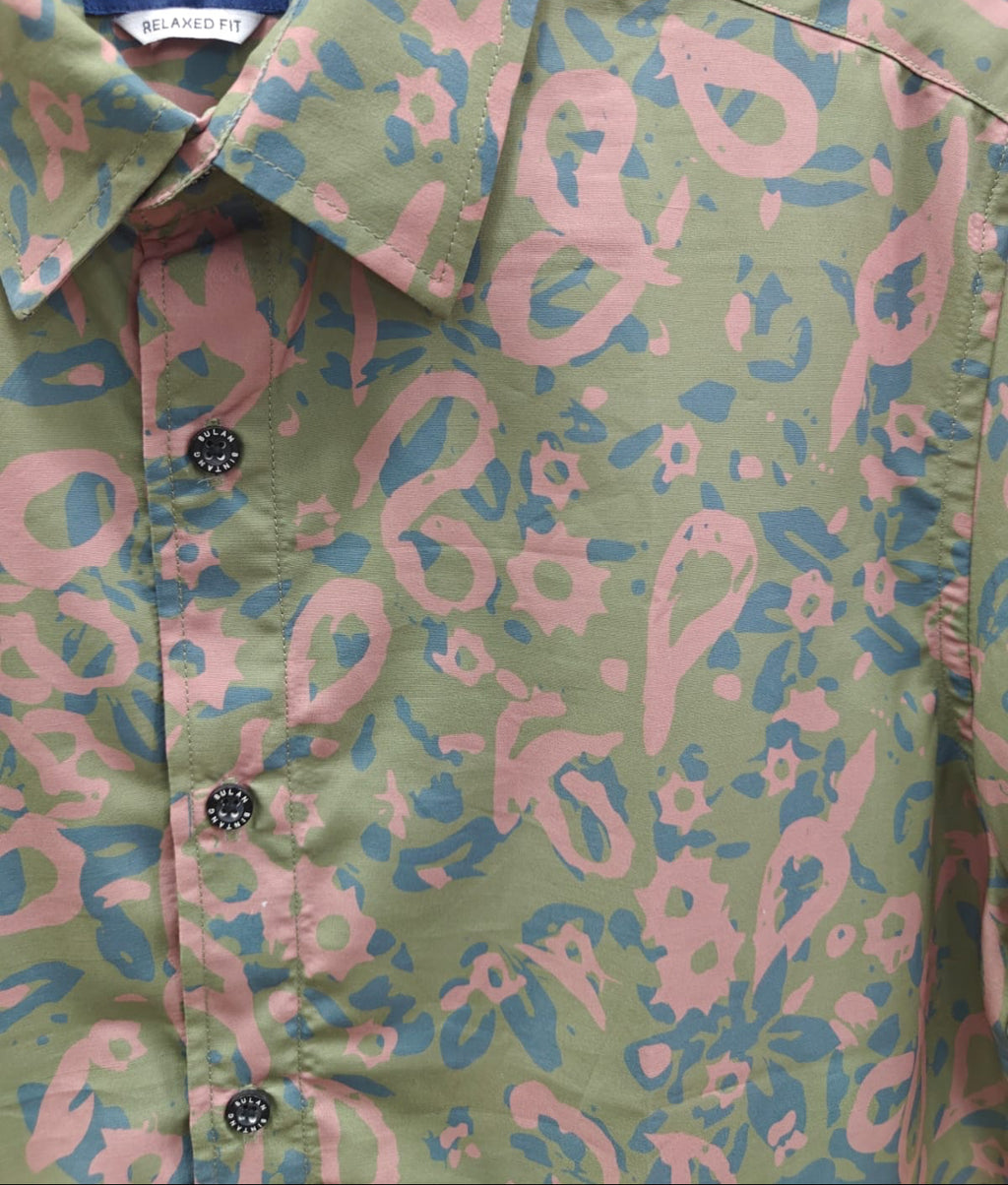 Bulan Bintang Men's Green Patterned Relaxed Fit Short Sleeve Shirt