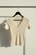 HOLLYS Women's Off-White Ribbed Knit V-Neck Button-Front Short Sleeve Top
