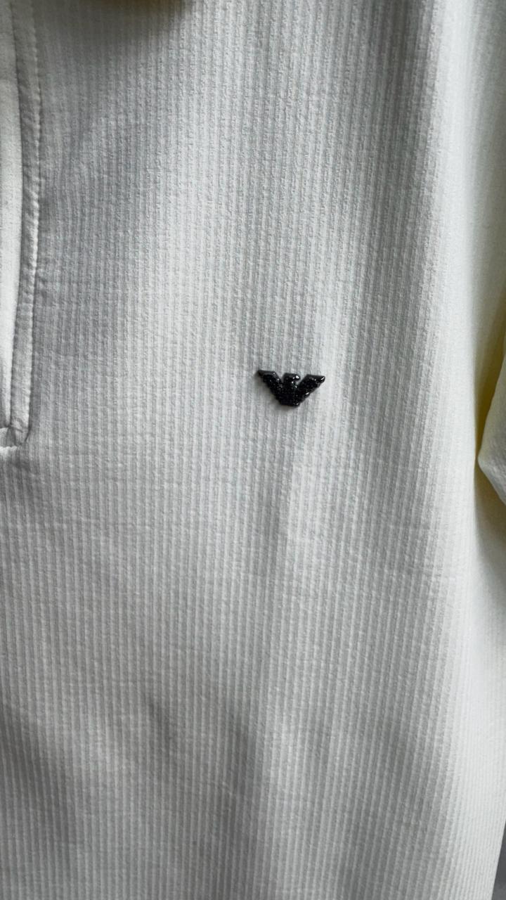 Armani Exchange Men's Cream Ribbed Polo Shirt with Zipper