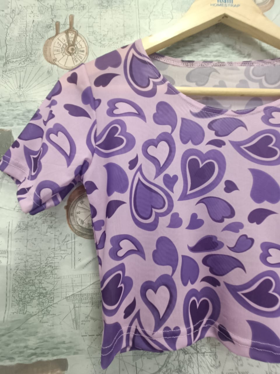 Women's Purple Heart Print Short Sleeve Crop Top