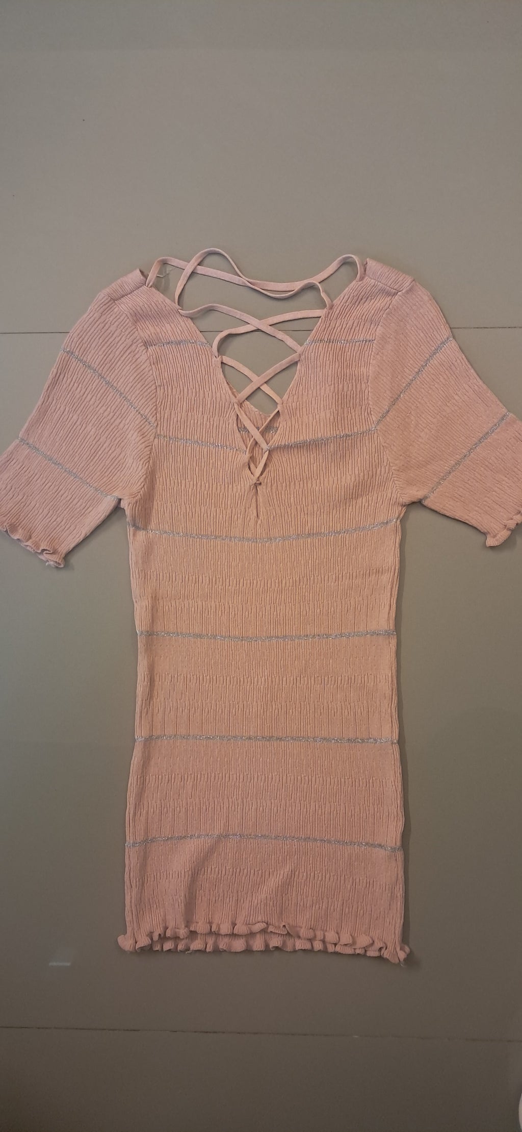 Women's Pink Crinkle Knit Short Sleeve Top with Lace-Up Back