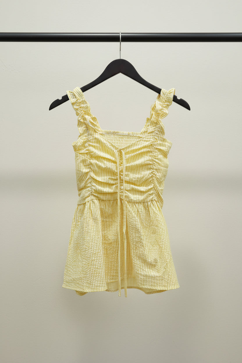 Women's Yellow & White Striped Smocked Ruffle Strap Peplum Top