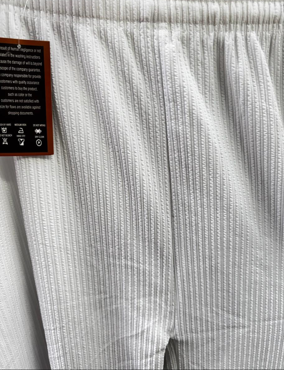 White Ribbed Knit Wide Leg Palazzo Pants with Drawstring Waist