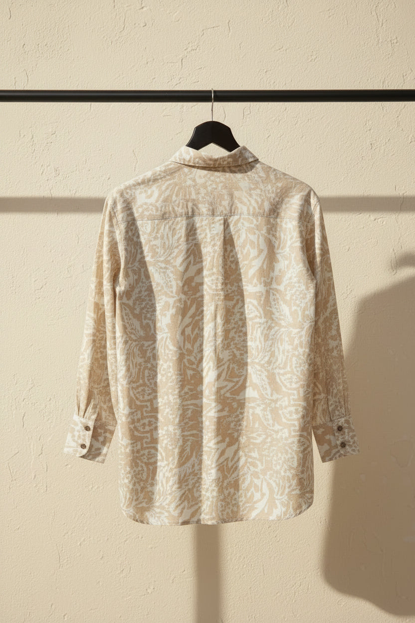 Women's Beige & White Patterned Long Sleeve Button-Up Shirt