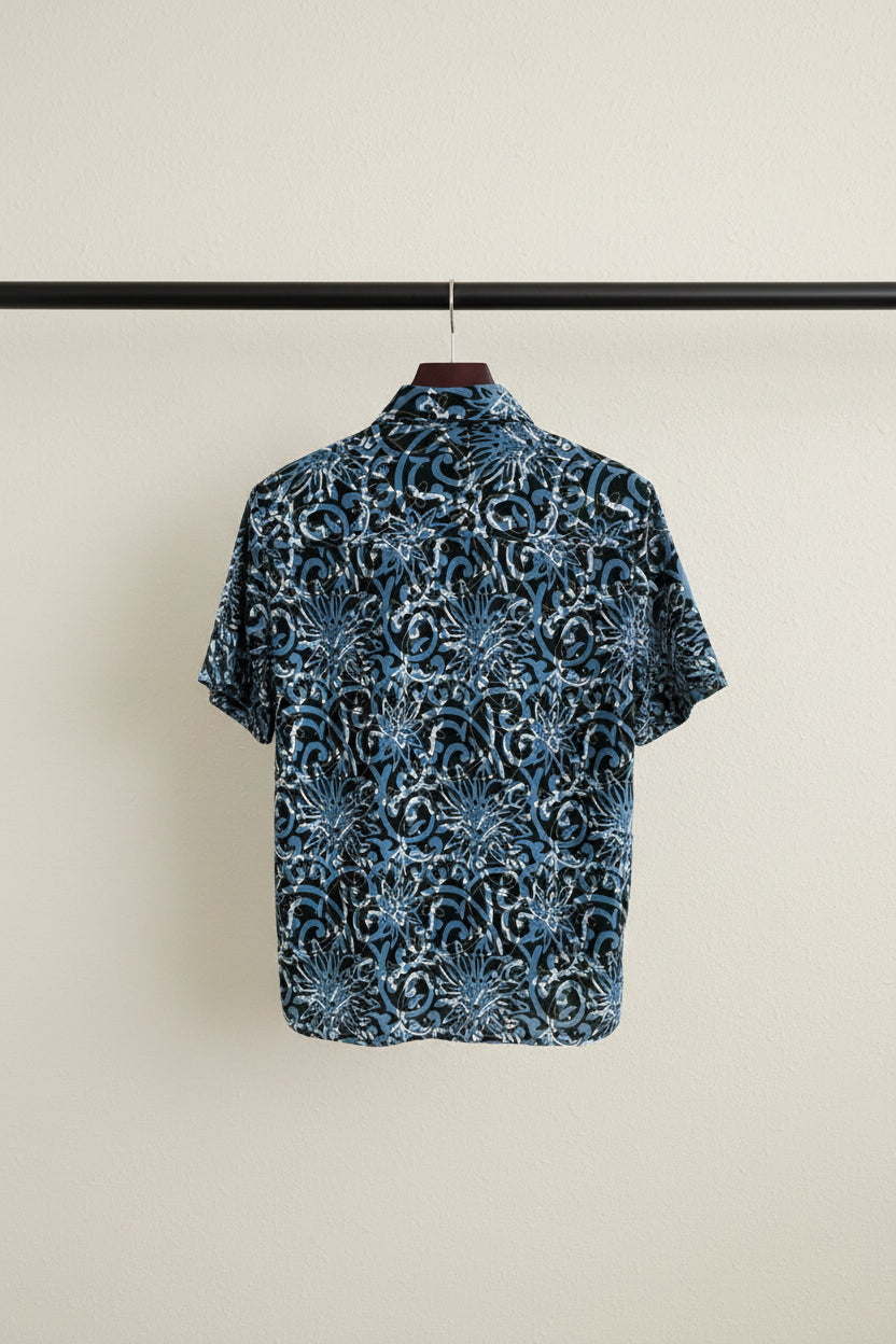 Bulan Bintang Men's Blue & Green Floral Relaxed Fit Short Sleeve Shirt