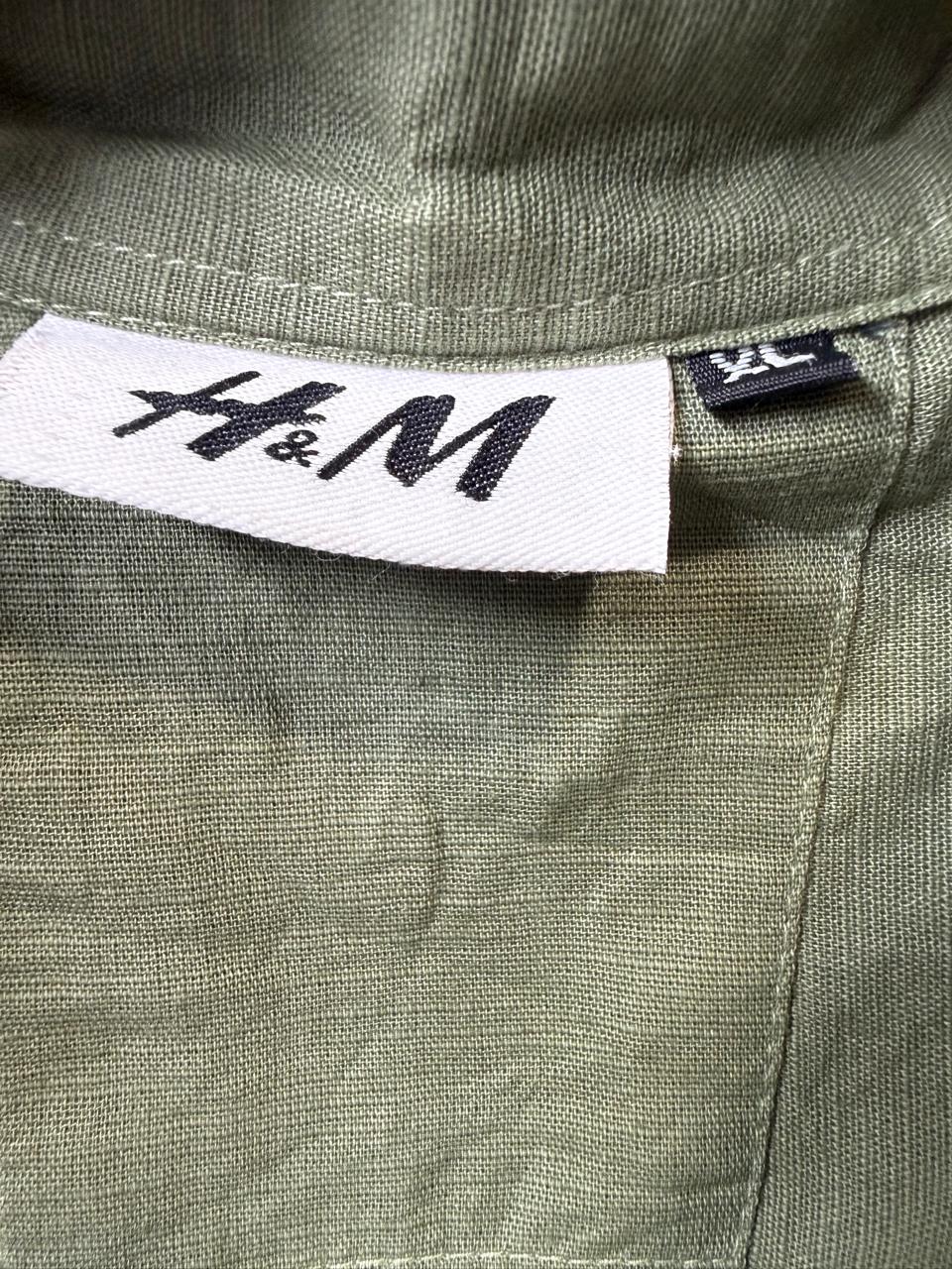 H&M Men's Olive Green Band Collar Long Sleeve Shirt