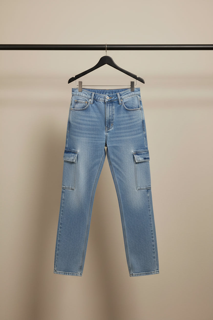 ET HERE & NOW Men's Blue Washed Cargo Jeans