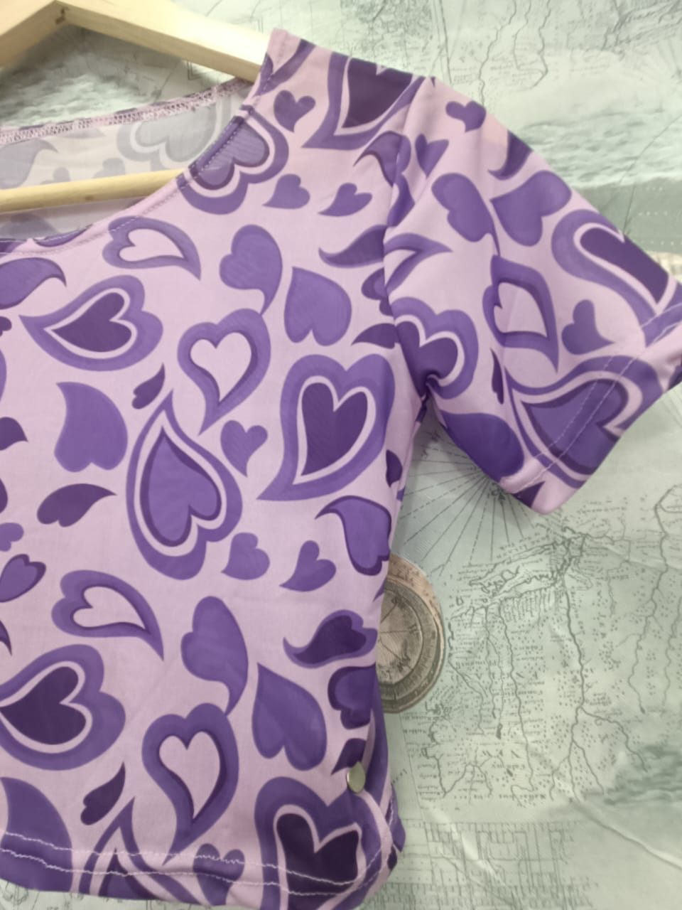 Women's Purple Heart Print Short Sleeve Crop Top