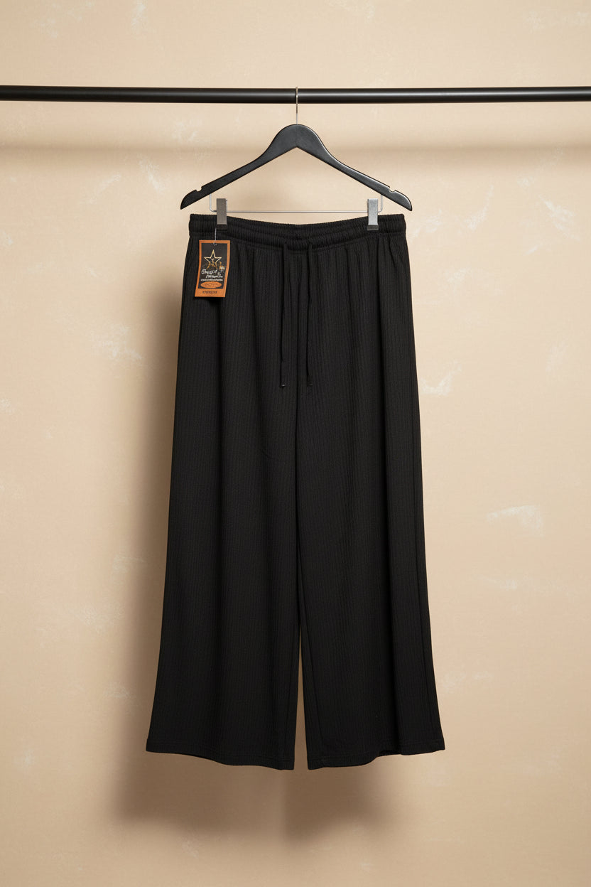 Women's Black Ribbed Knit Free Size Wide Leg Trousers