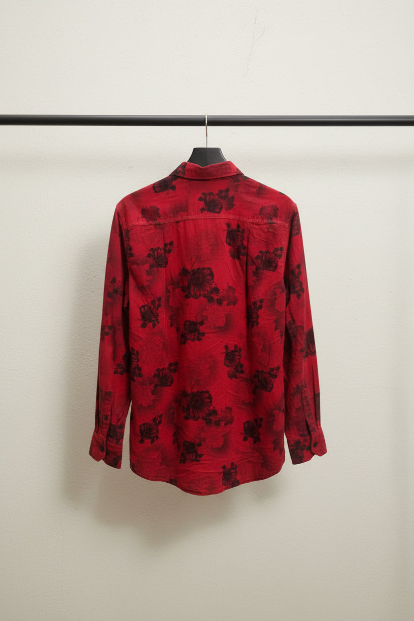 Men's Red Floral Print Casual Shirt by Rose Riviera Mountain.