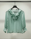 Women's Mint Green Ruffled Polka Dot Blouse with Tassel Tie-Neck