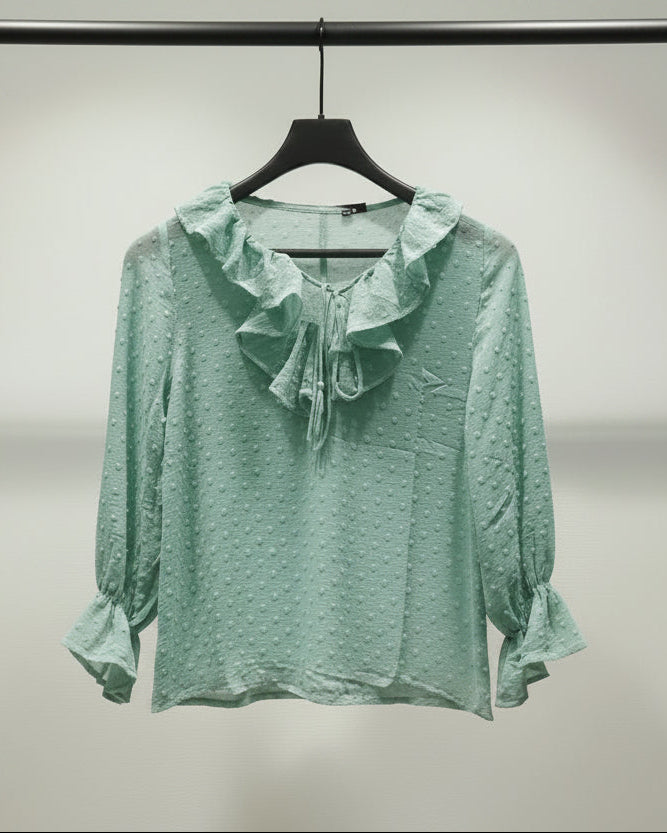 Women's Mint Green Ruffled Polka Dot Blouse with Tassel Tie-Neck