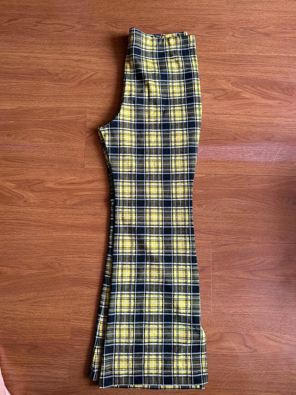DIVIDED Women's Yellow Plaid Flared Trousers with Side Slits