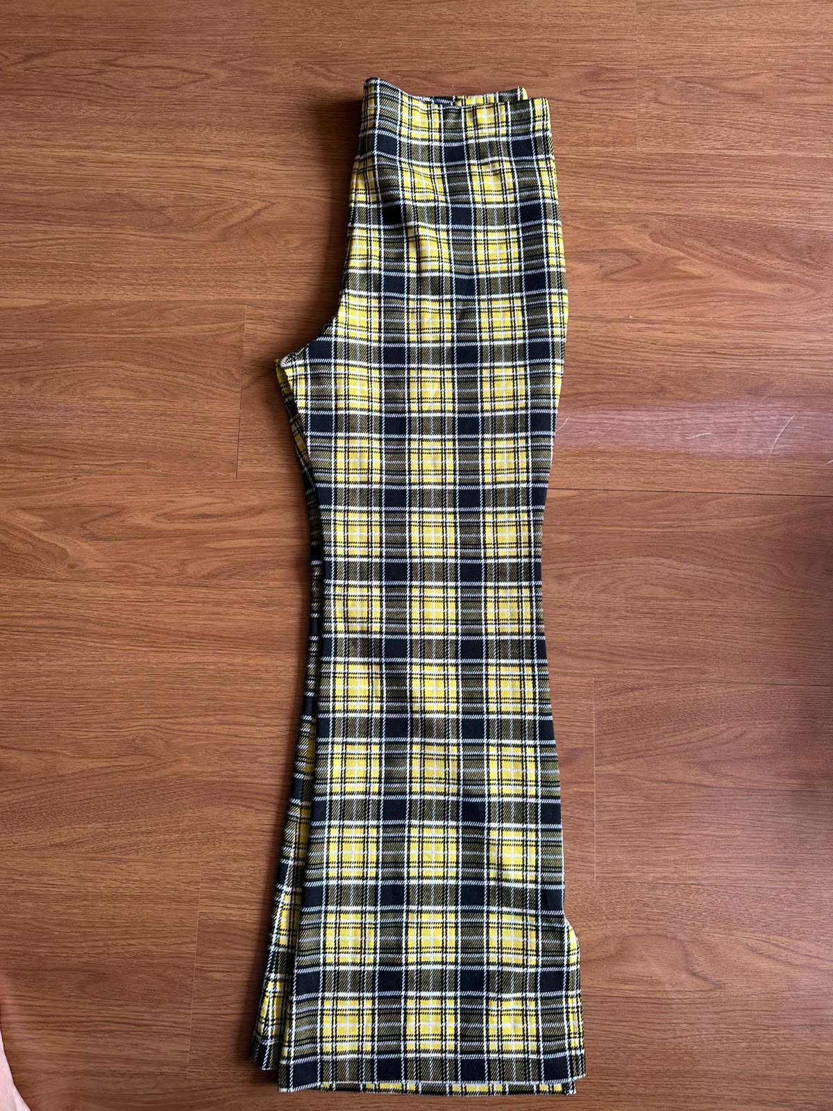 DIVIDED Women's Yellow Plaid Flared Trousers with Side Slits