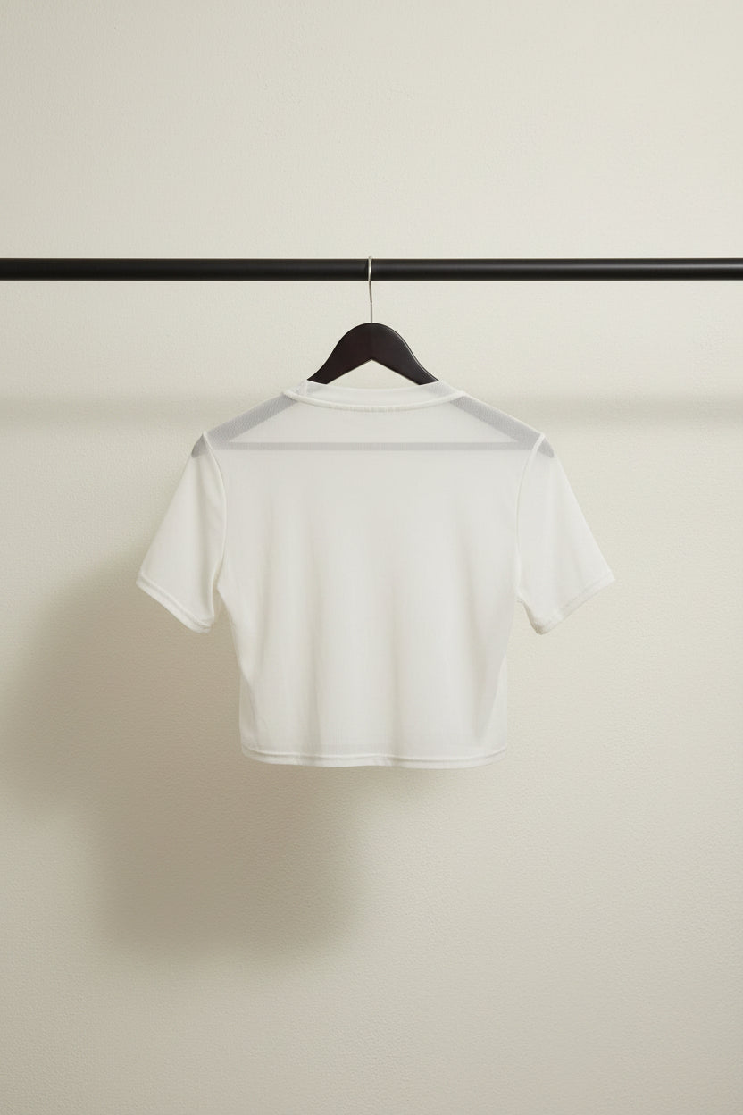 White Mesh & Grey Denim Bustier Crop Top