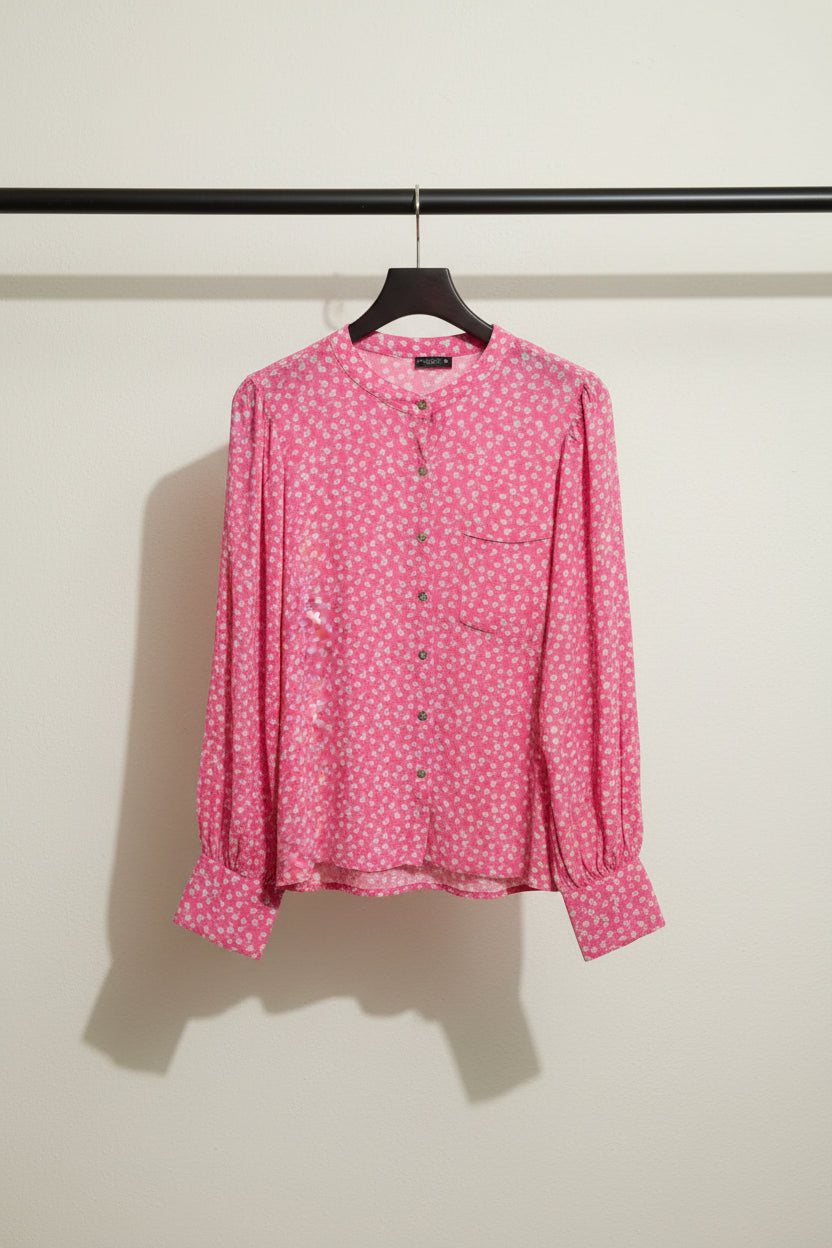 Women's Pink Floral Long Sleeve Button-Up Blouse