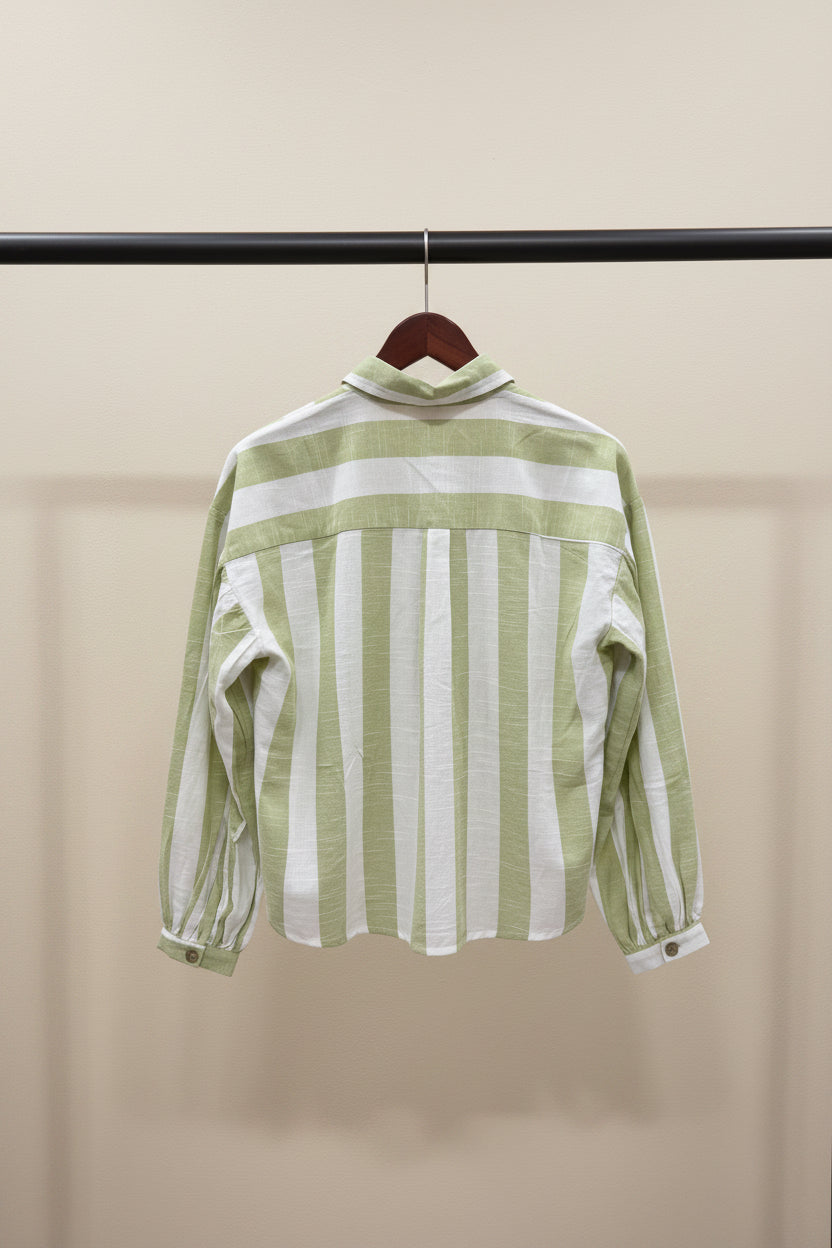 Lucky Brand Women's Green and White Striped Collared Shirt