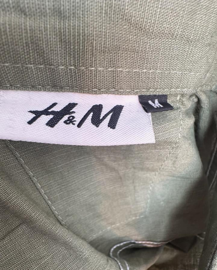 H&M Men's Olive Green Linen Blend Long Sleeve Casual Shirt