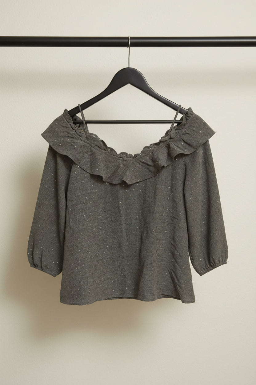 Zara Basic Collection Grey Off-Shoulder Ruffle Top with Gold Speckles