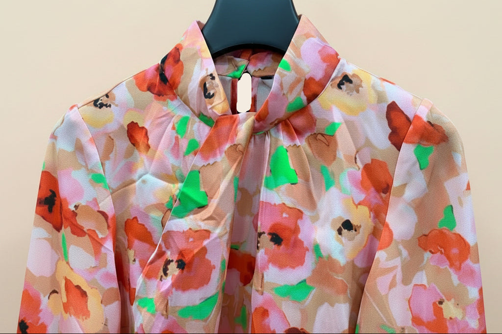 OUTRYT Women's Multicolor Floral Print High Neck Long Sleeve Blouse