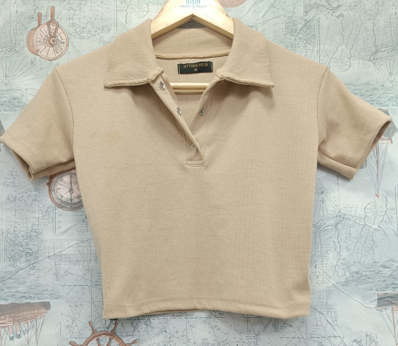 ATTURE HUB Women's Beige Ribbed Polo Crop Top