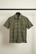 Bulan Bintang Men's Grey & Yellow Patterned Relaxed Fit Short Sleeve Shirt