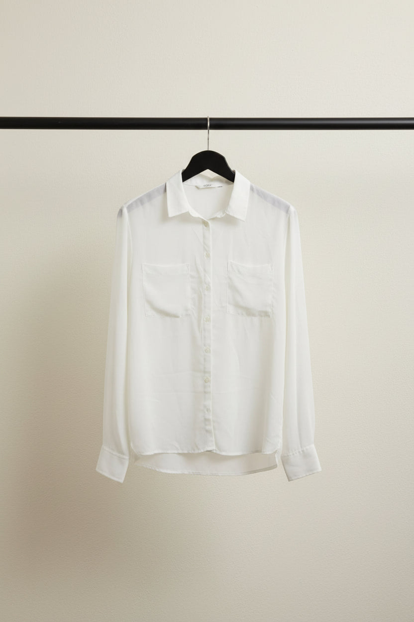 Women's Off-White Long Sleeve Button-Down Blouse with Pockets
